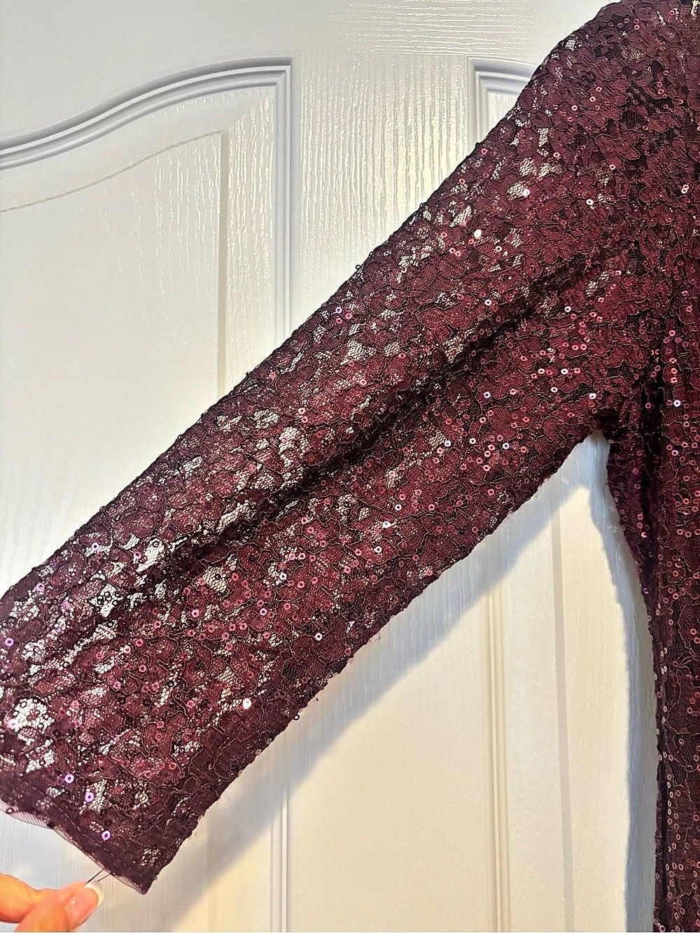 SLNY Sequin Lace Midi Dress in Burgundy Size 12 Like New - Picture 5 of 6